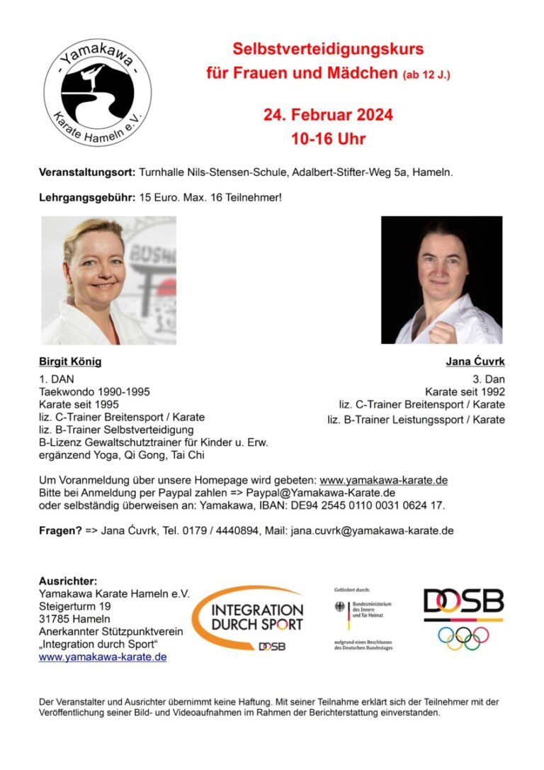 Selbstverteidigungskurs-Plakat mit Trainerinnen.