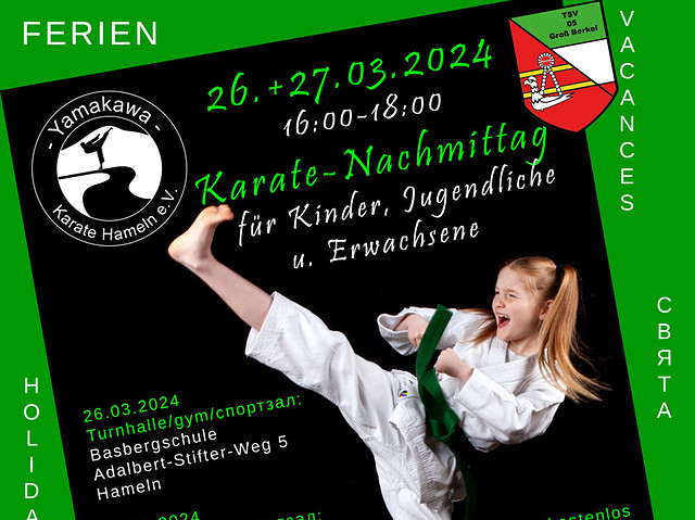 Karate-Workshop-Plakat mit lächelndem Mädchen in Aktion.