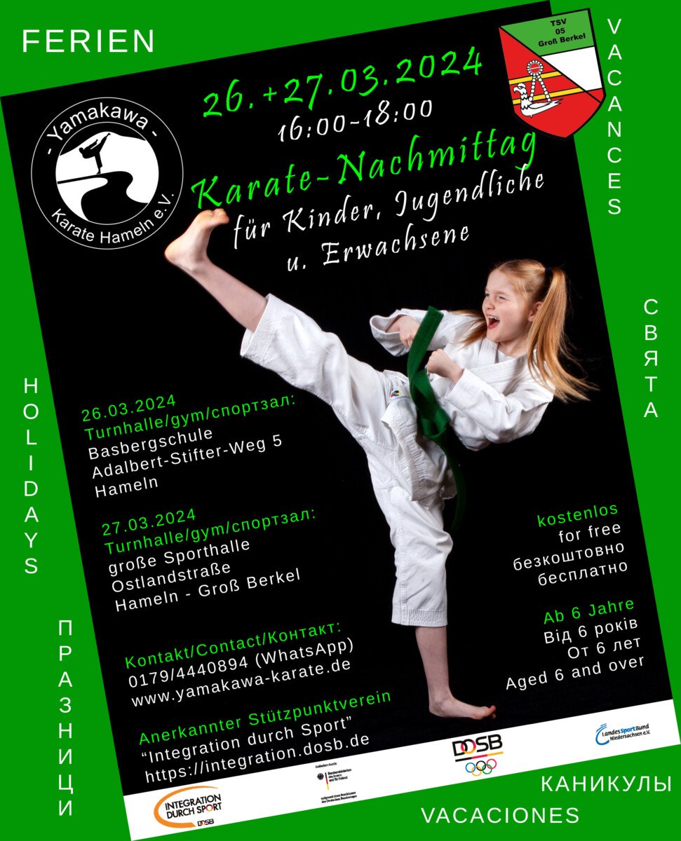 Karate-Workshop-Plakat mit lächelndem Mädchen in Aktion.