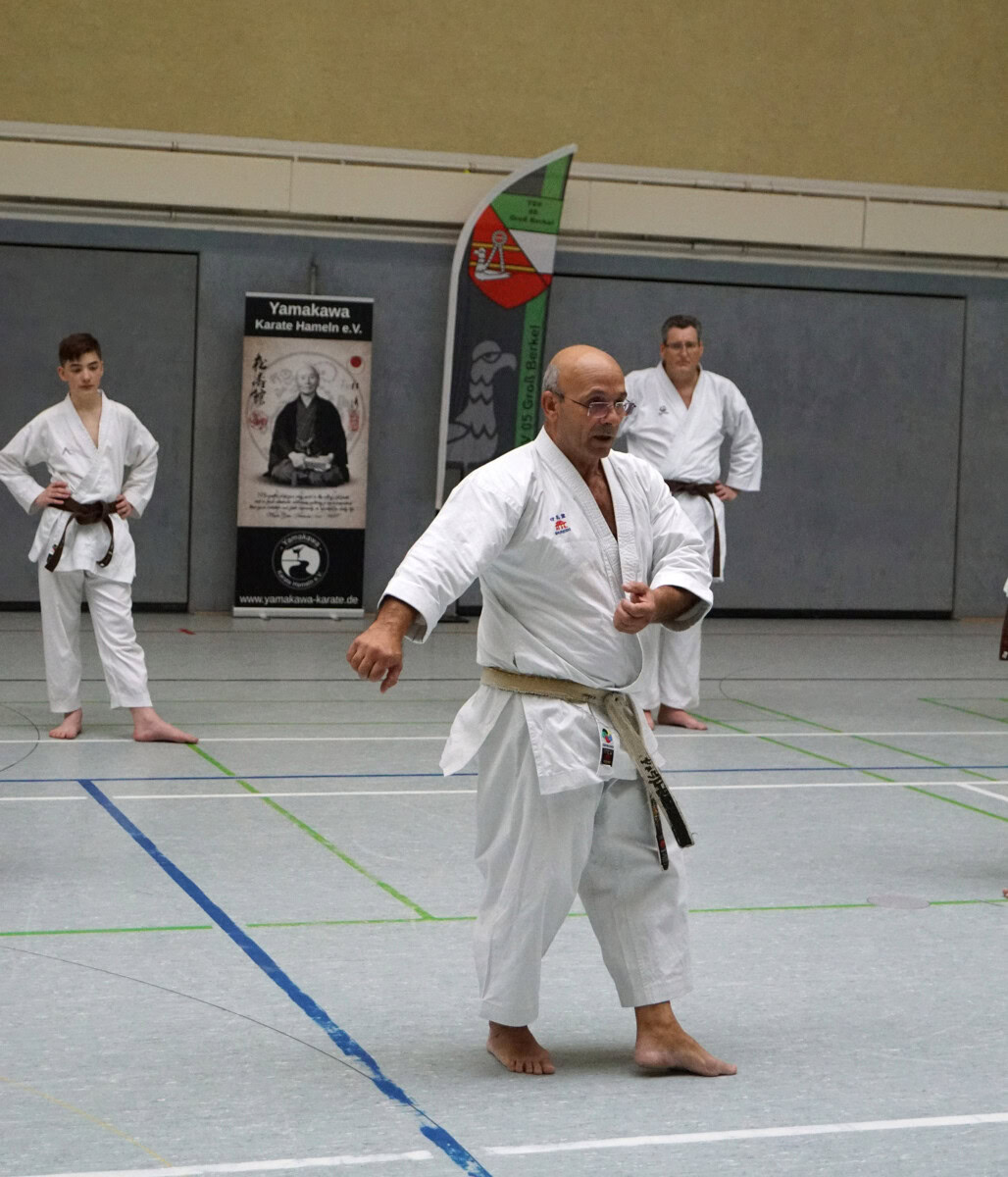 Karate-Trainer demonstriert Technik in Halle