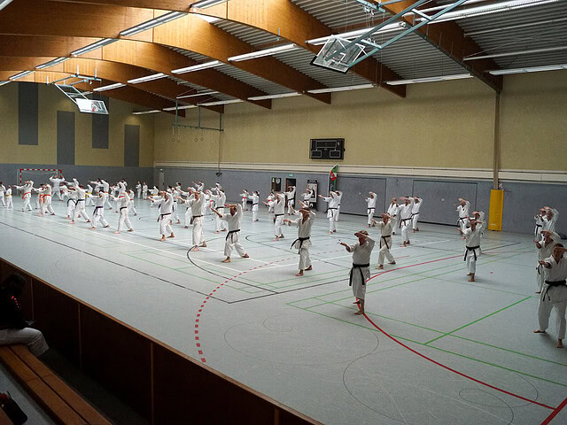 Karate-Training in einer Sporthalle.