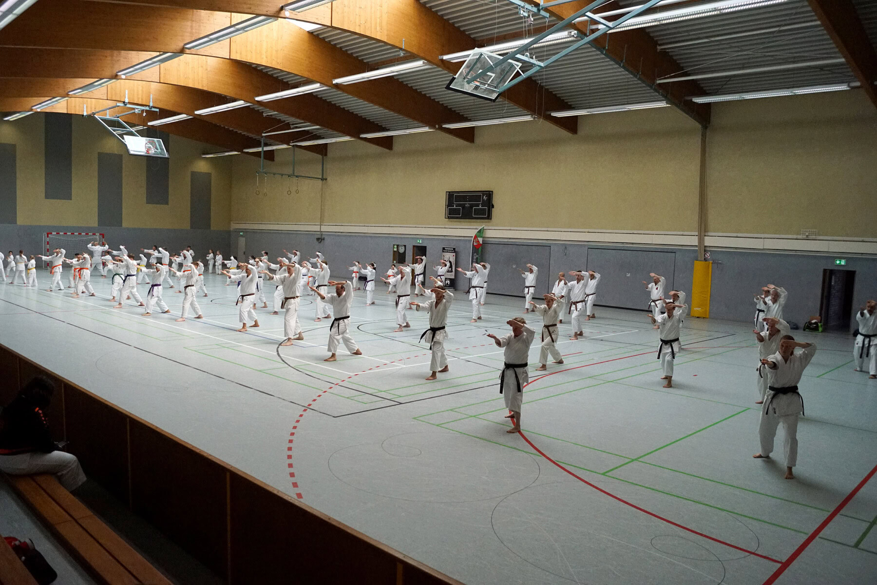 Karate-Training in einer Sporthalle.