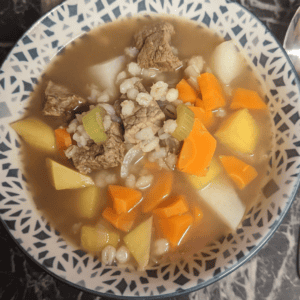 beef barley soup in bowl