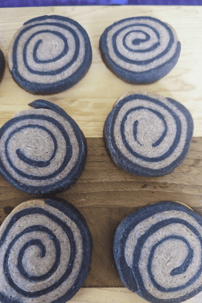 baked taro blue pea flower pinwheel cookies
