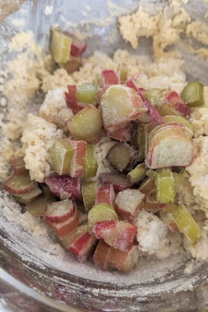 adding frozen rhubarb to scone dough