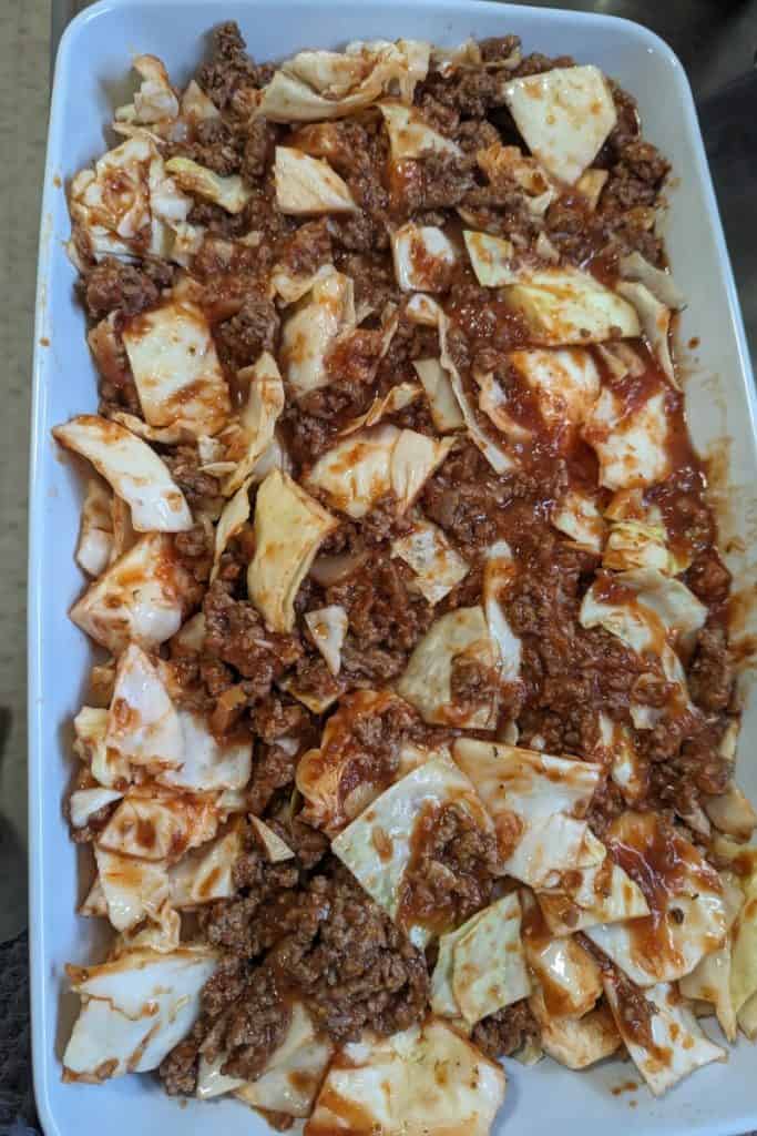 Fill casserole dish with lazy cabbage roll mixture