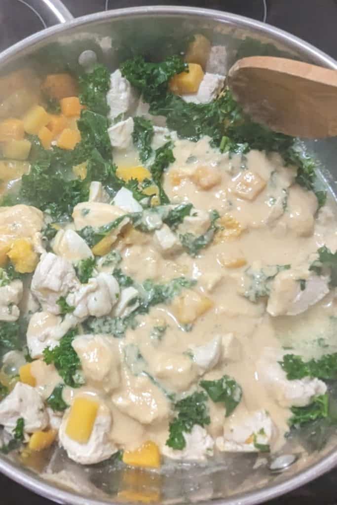 add tahini pasta sauce to chicken vegetable blend