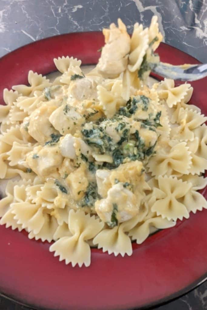serve creamy tahini chicken farfalle