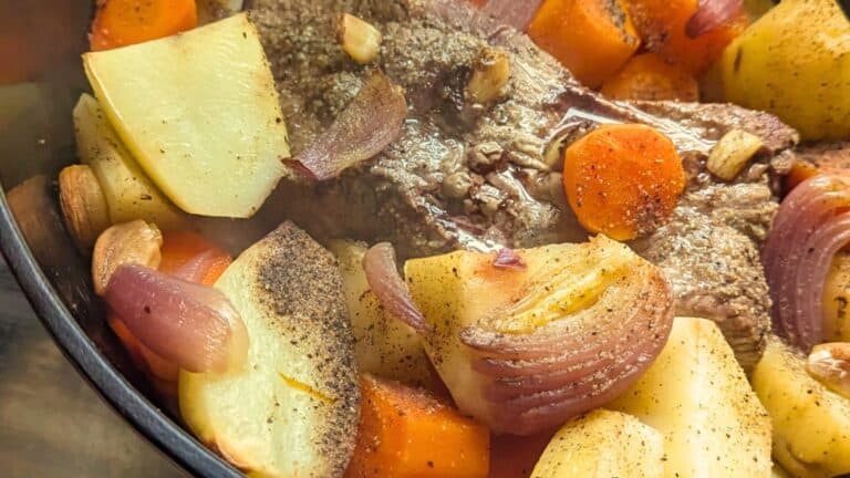 Easy Dutch Oven Garlic Roast Beef With Veg