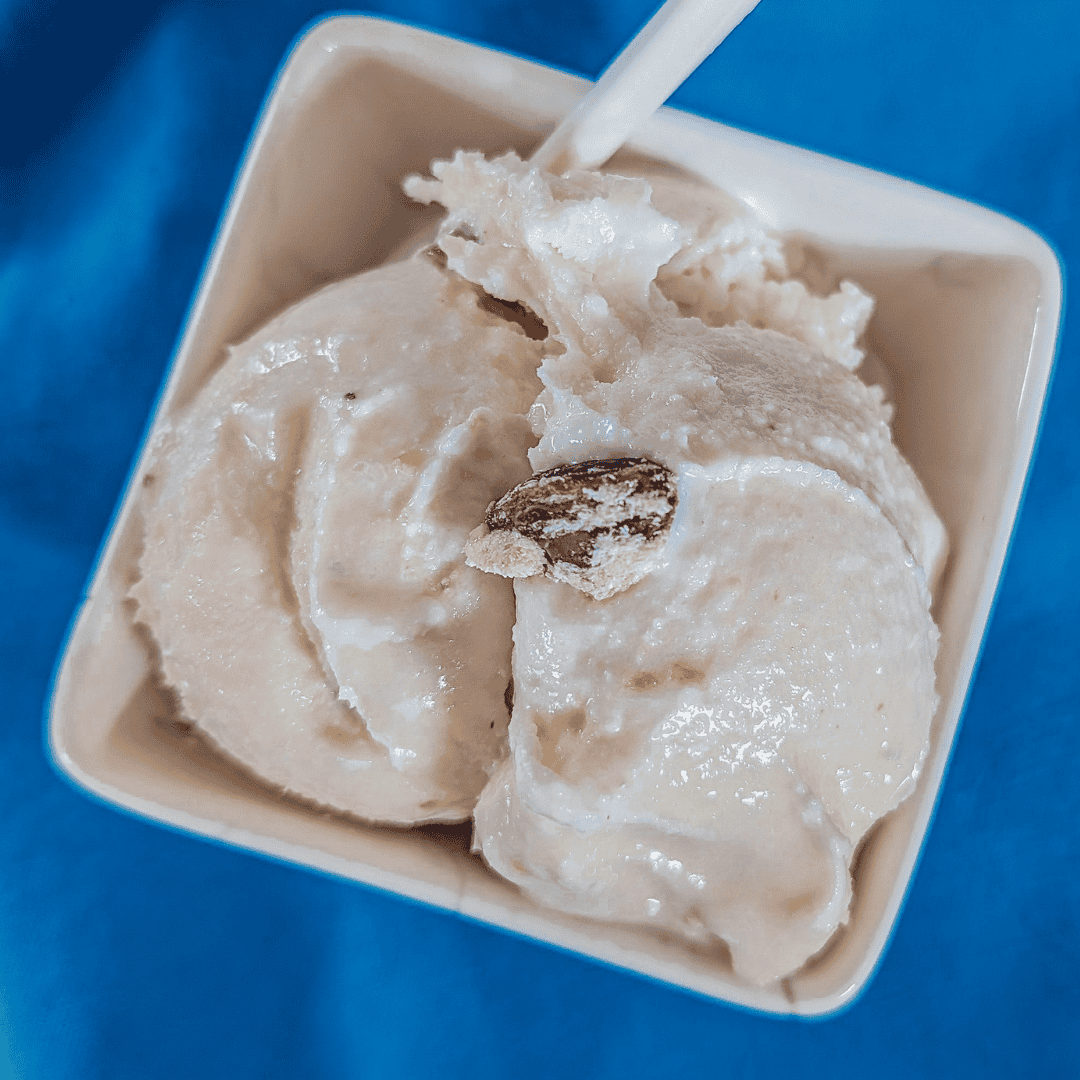 Delicious homemade ice cream with pistachio emulsion and halva