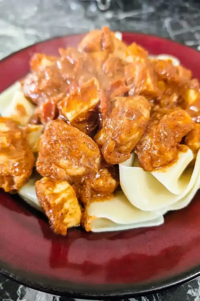 butter chicken paneer pasta dinner on plate with red trim on black marble table