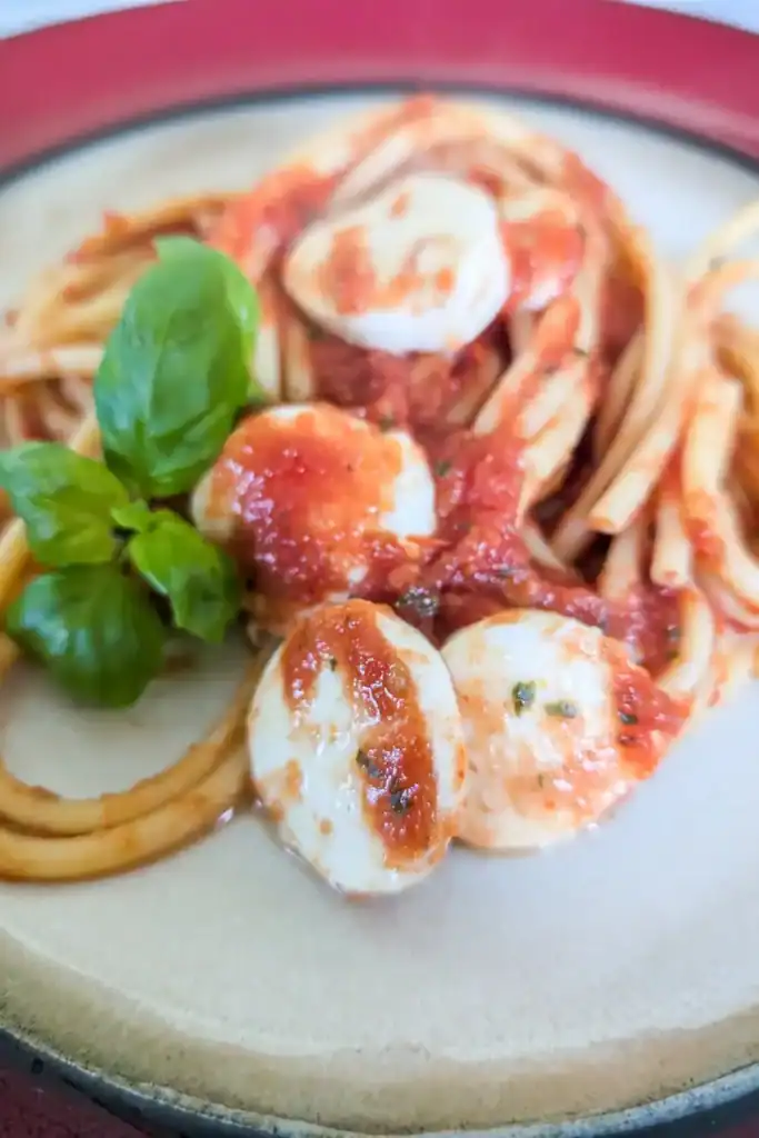 side shot of pasta on plate with fresh basil leaves