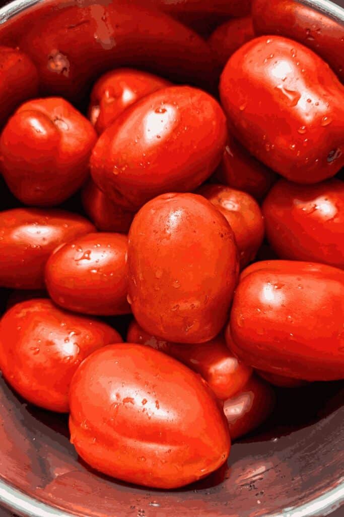 roma tomatoes in stainless steel bowl