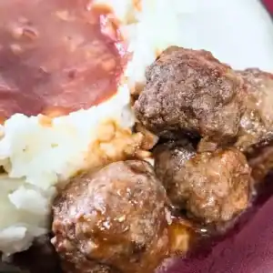 recipe card image of saucy bbq meatballs