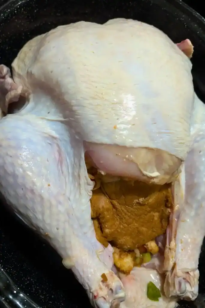 raw whole turkey in roasting pan with stuffing