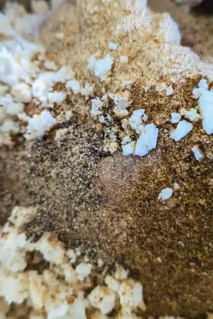 adding spices to the meatball mixture in mixing bowl