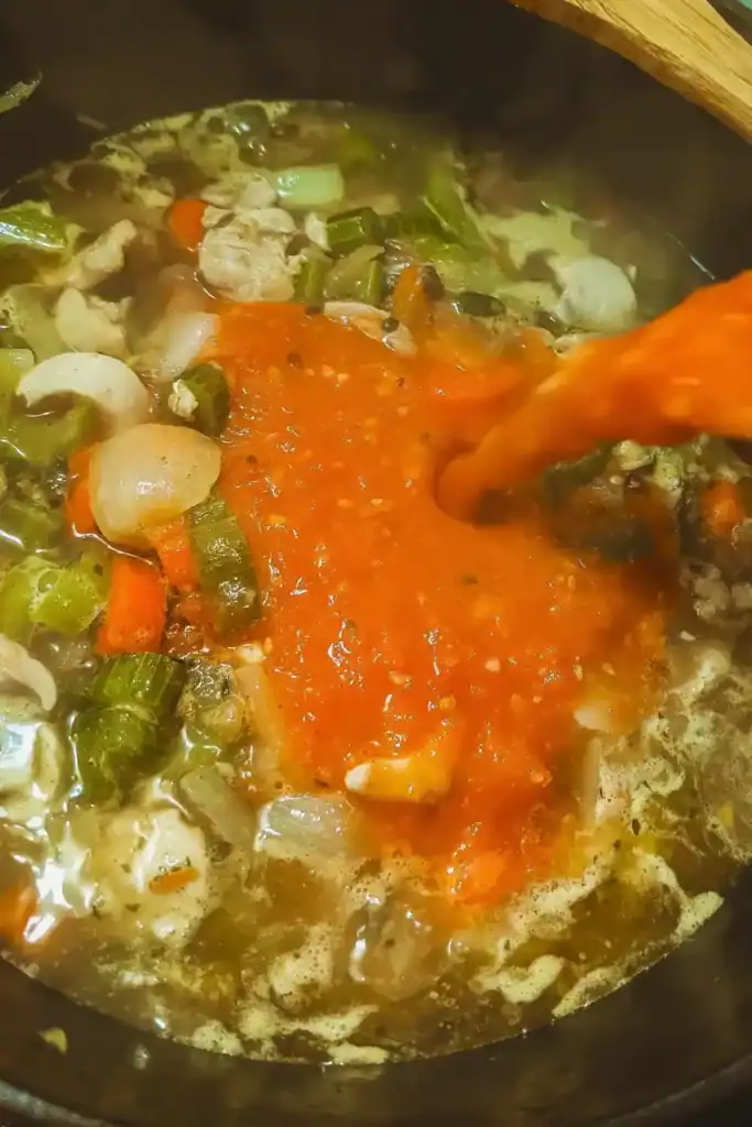 adding the pureed tomato and garlic to the chicken soup base