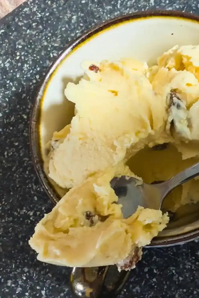 spoonful of rum raisin ice cream showing creaminess