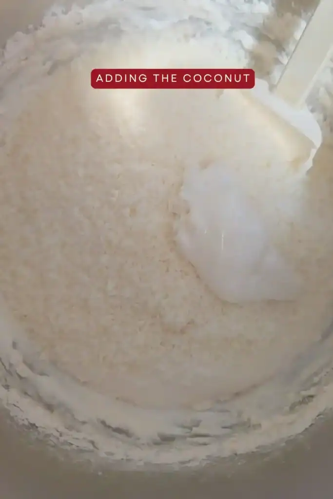 folding unsweetened shredded coconut into the macaroon batter
