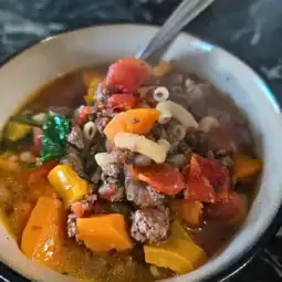 recipe card image of the hamburger soup with veggies