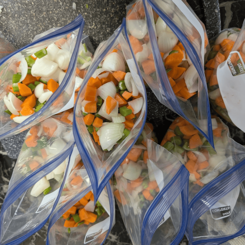 bagged mirepoix mix in open bags top down view