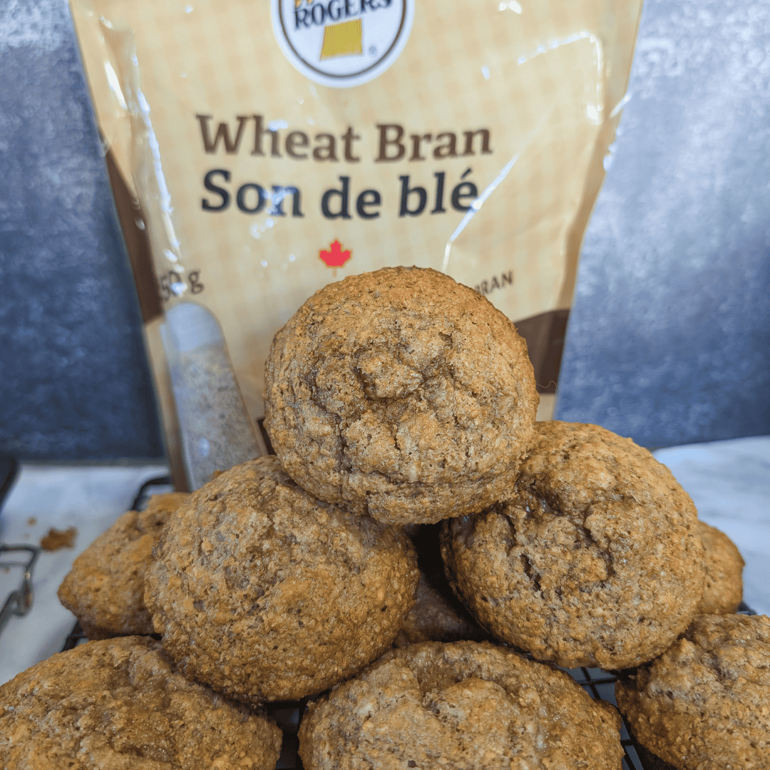 Whole grain wheat bran muffins with crunchy texture, made with natural ingredients for healthy snacking and cooking.