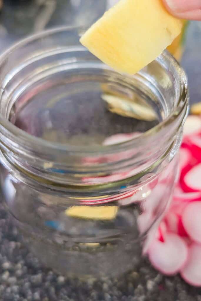 Hand placing a radish into a jar for quick pickling process.