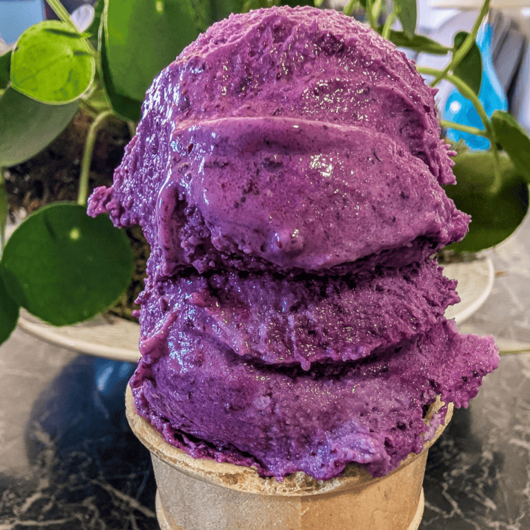 Delicious homemade blueberry ice cream topped with blueberry reduction, perfect for summer desserts.