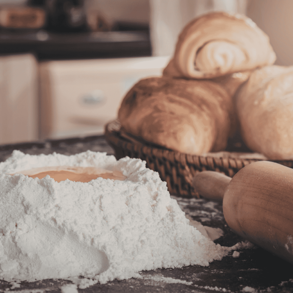 Fresh bread and baking ingredients for homemade cooking and baking.