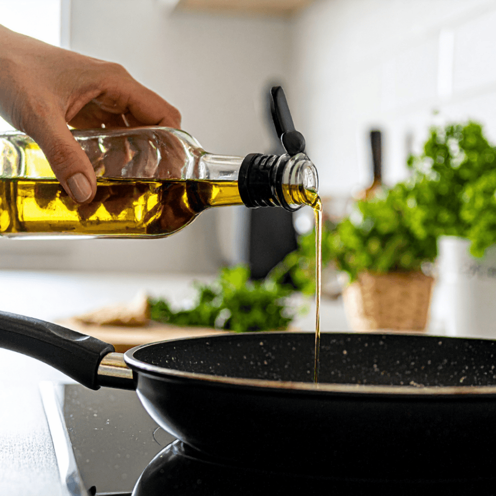 Hand pouring olive oil into a frying pan in a kitchen setting.