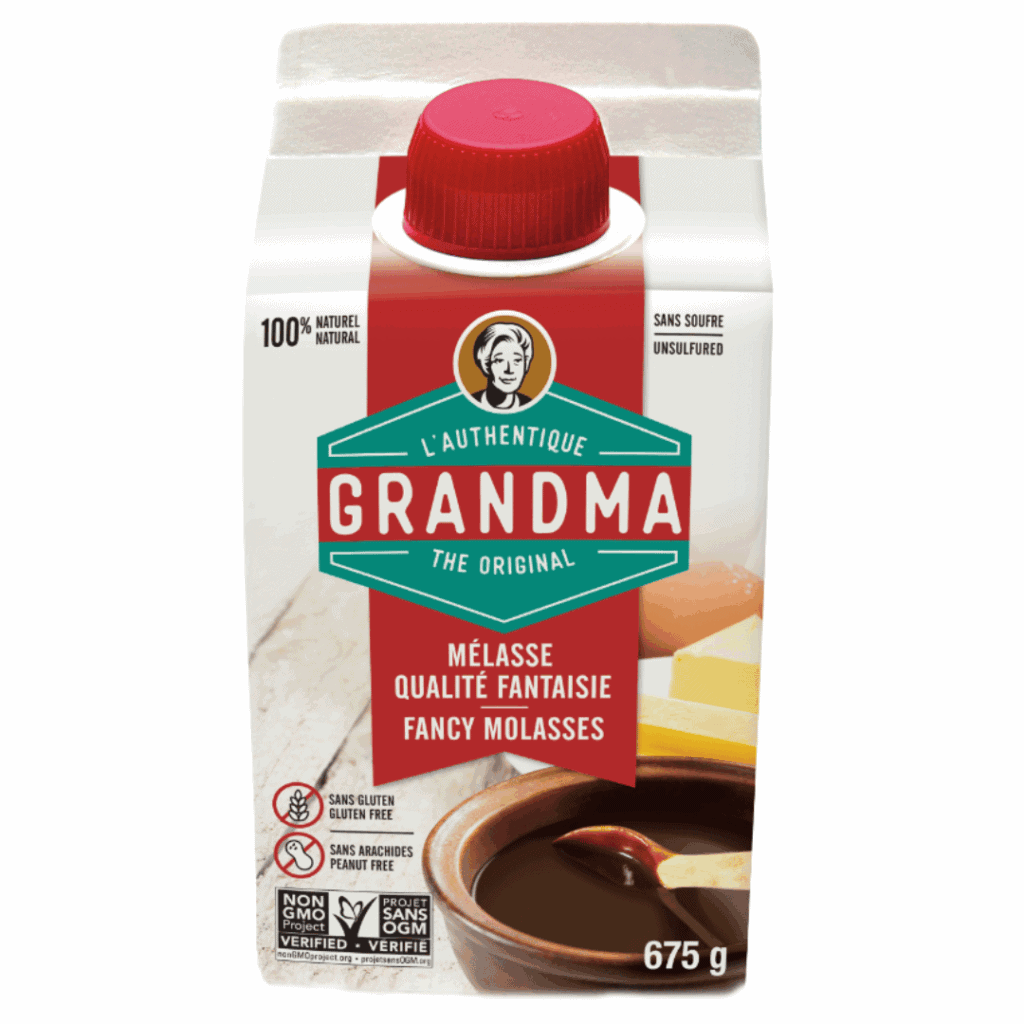 Grandma Fancy Molasses in 675g carton, gluten-free, non-GMO, vegan-friendly.