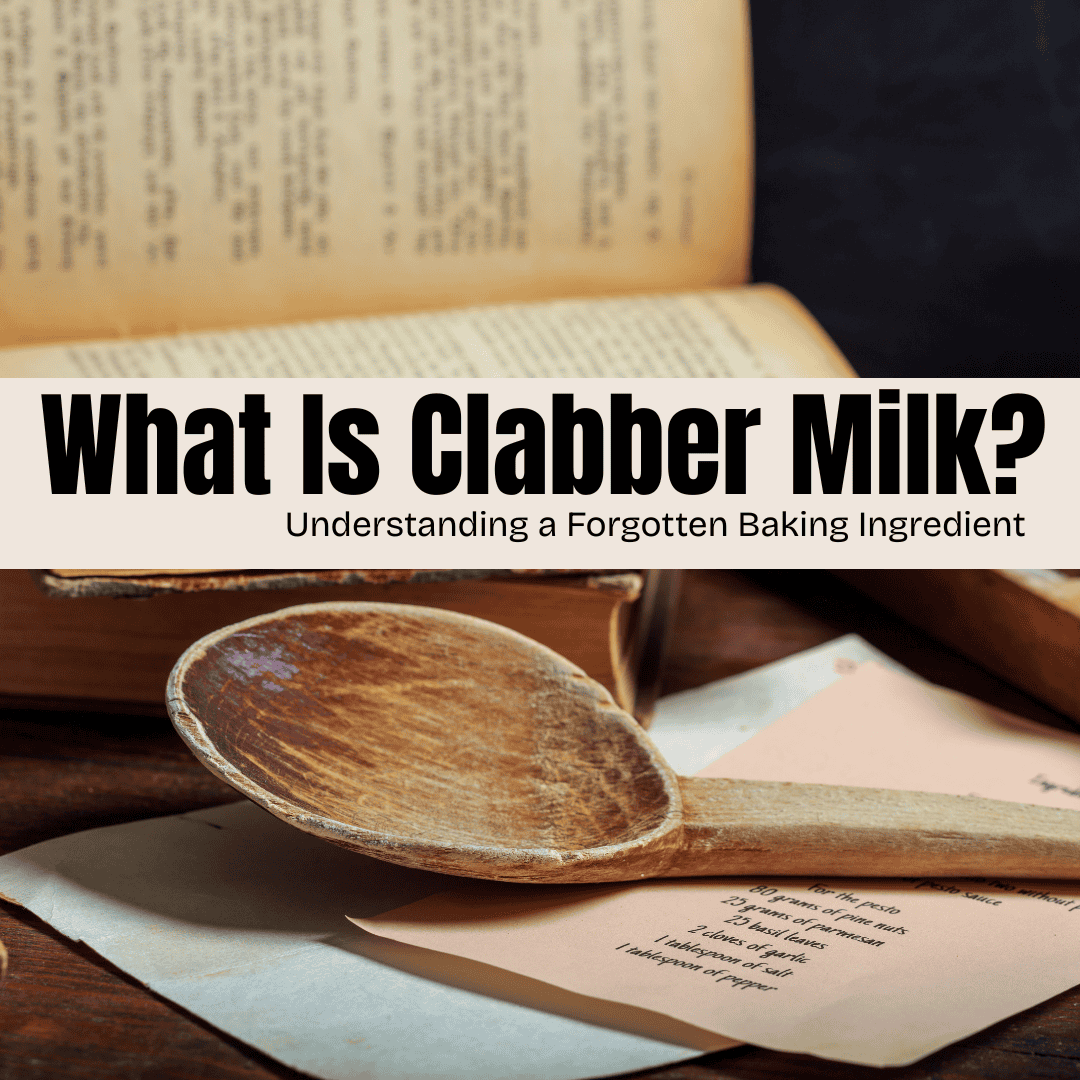 Clabber milk in a wooden spoon with baking recipe notes in background.
