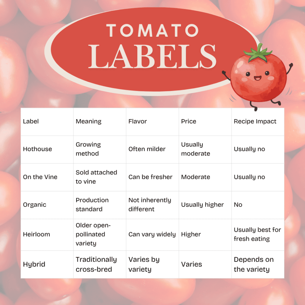 Illustration of tomato labels with different types and their characteristics.