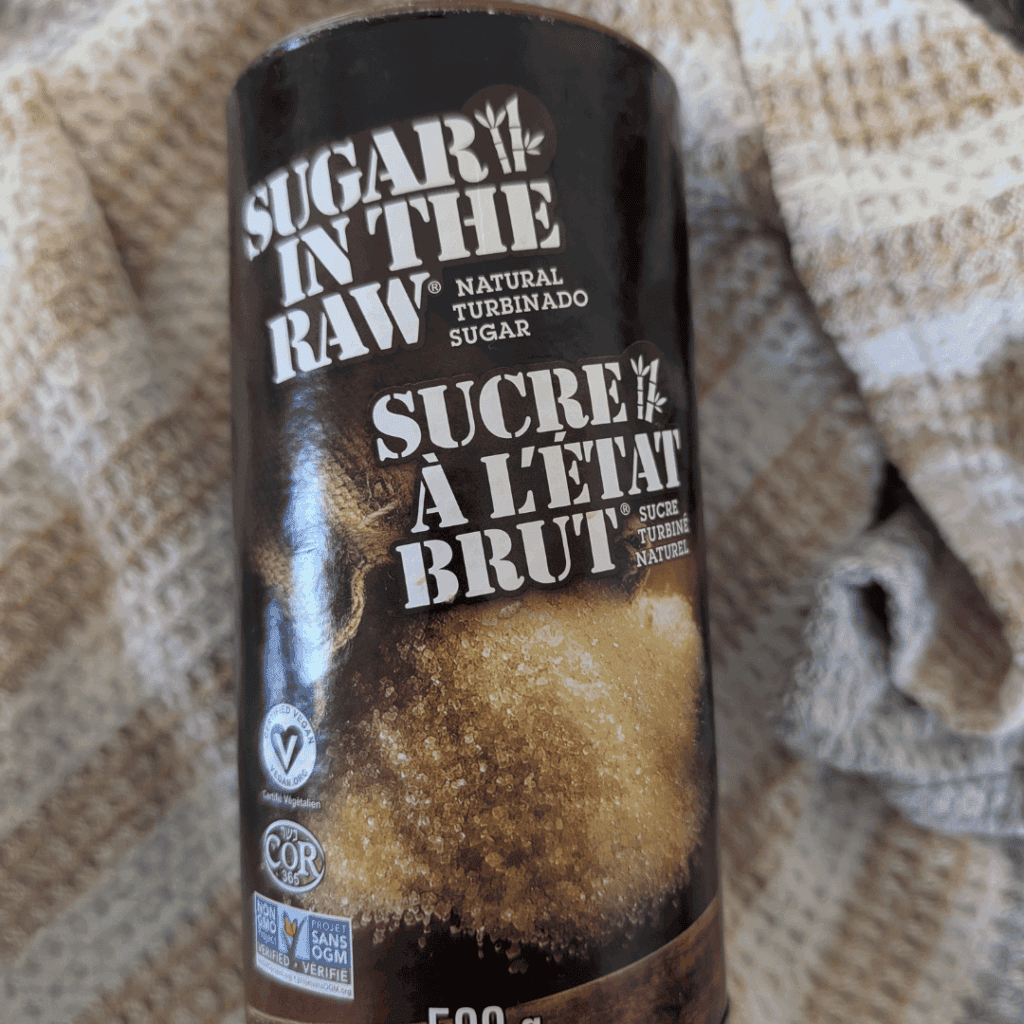 Natural turbinado sugar canister for baking and sweetening.