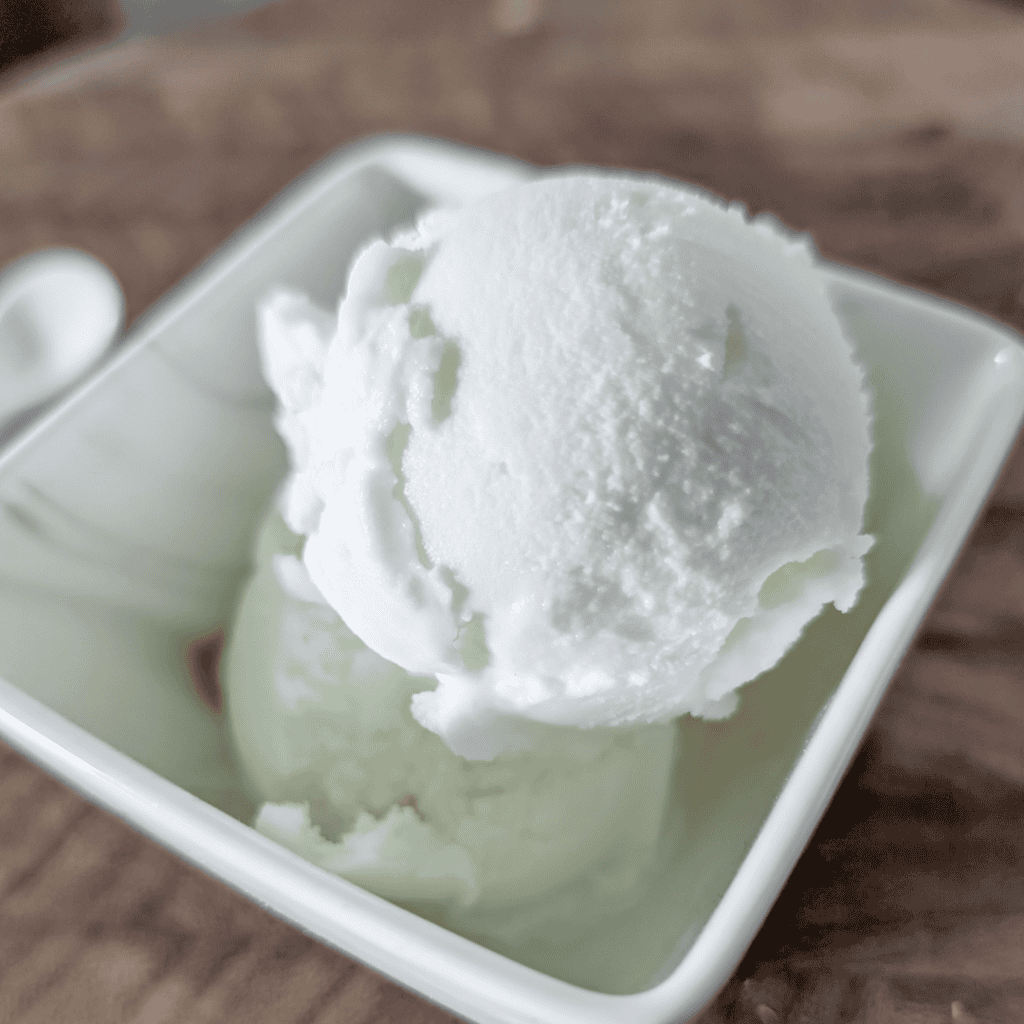 Creamy homemade coconut ice cream served in a white bowl on a wooden table.