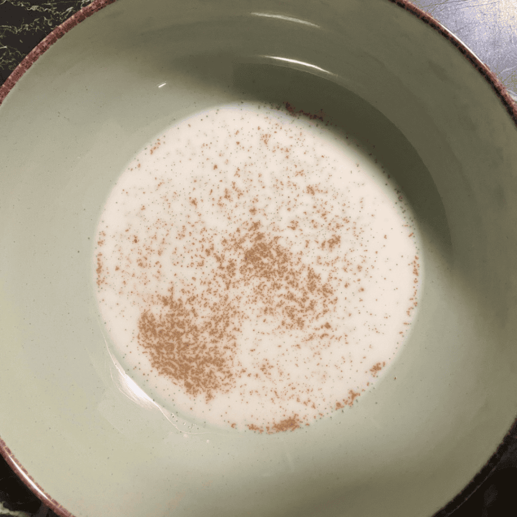 Close-up of a bowl with creamy milk mixture and cinnamon topping.