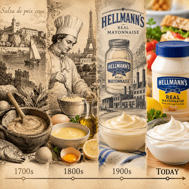 a slide show of the mayonnaise timeline going from sepia in 1700s to color in 2000s