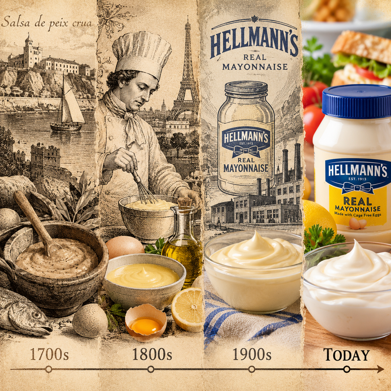 a slide show of the mayonnaise timeline going from sepia in 1700s to color in 2000s