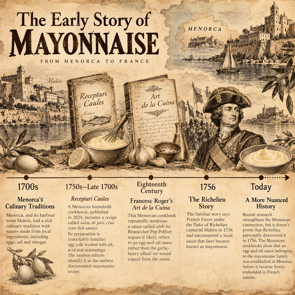 Sepia timeline of early mayonnaise history showing Menorca, Receptari Caules, Art de la Cuina and the 1756 Richelieu story.