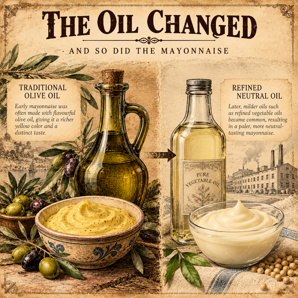 Vintage illustration comparing golden mayonnaise made with olive oil to paler mayonnaise made with refined neutral vegetable oil.