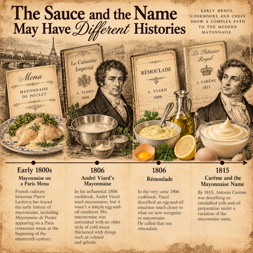 Sepia timeline showing how the mayonnaise name and egg-and-oil sauce developed separately in early 1800s French cuisine.
