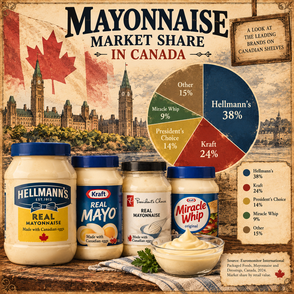 Vintage infographic showing Canadian mayonnaise market share with Hellmann’s, Kraft, President’s Choice and Miracle Whip.