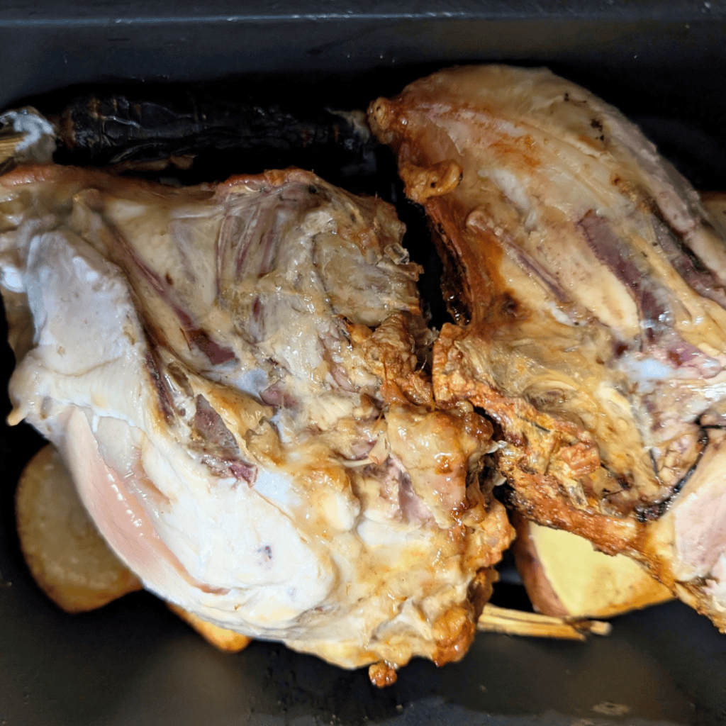 flipped chicken and potatoes
