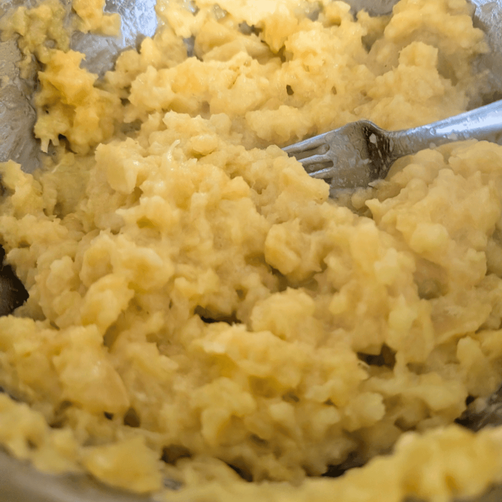 Creamy mashed rutabaga prepared for turnip puff recipe.