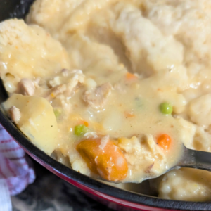 Hearty leftover turkey and dumplings with vegetables in a dutch oven