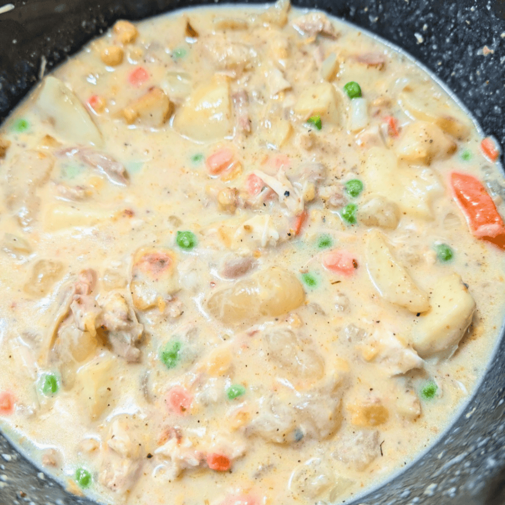 Creamy leftover turkey and dumplings stew with vegetables in a pot.