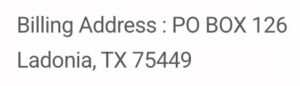Billing address PO Box 126 in Ladonia, TX for CFDynamics.