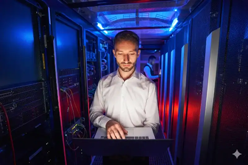 IT professional with laptop in a blue-lit server room for enterprise server infrastructure management.