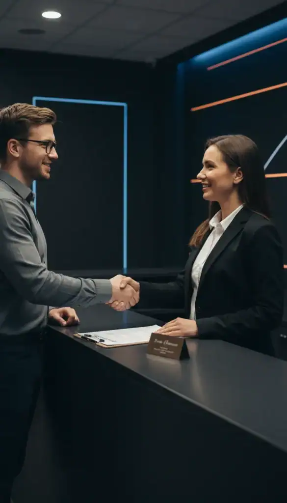 Two professionals shaking hands at reception desk in modern office.