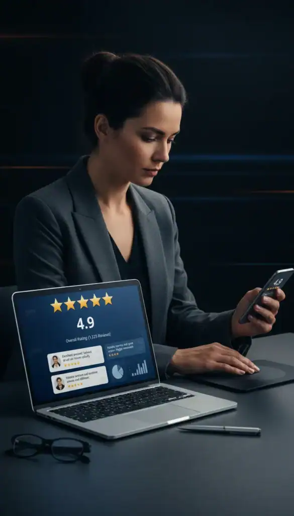 Businesswoman reviewing online reputation on her smartphone and laptop.